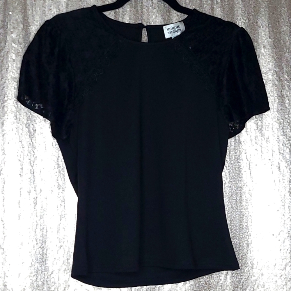 Unique Vintage BNWT M Black Lace Sleeve Top